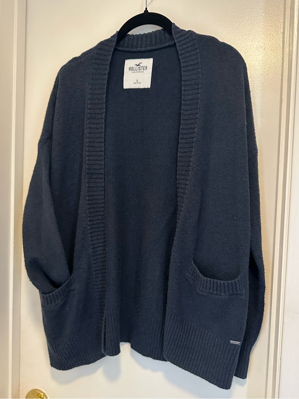 Hollister Women's Dark Navy Open-Front Pocket Cardigan